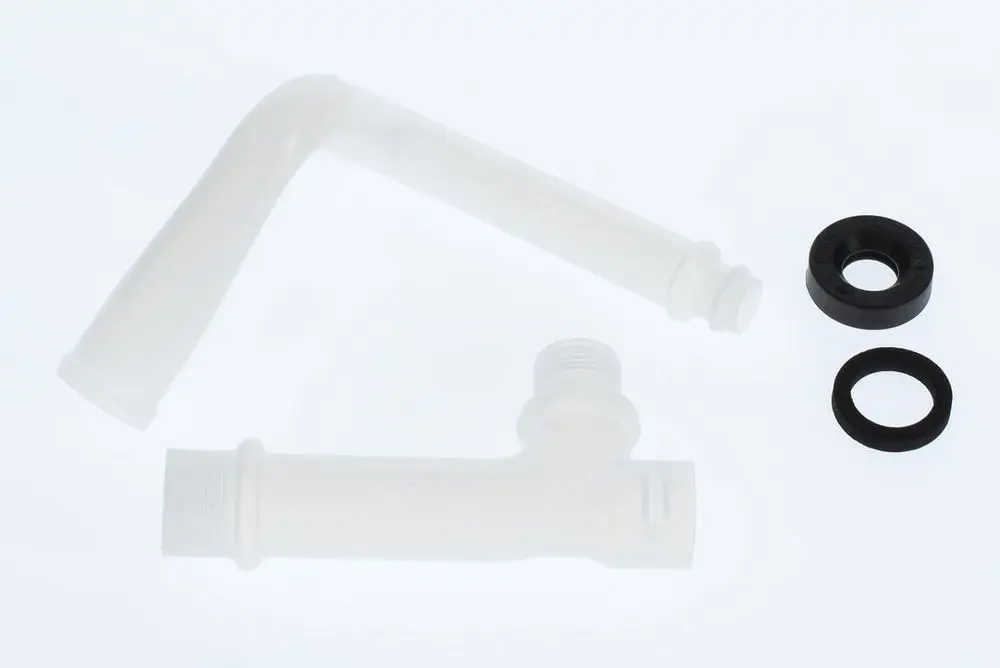 BOSCH Rohr-Anschluss-Siphon-Sicherheitsventil mit zwei schwarzen Dichtungen, eine rund und eine in Form eines O-Rings, auf weißem Hintergrund.